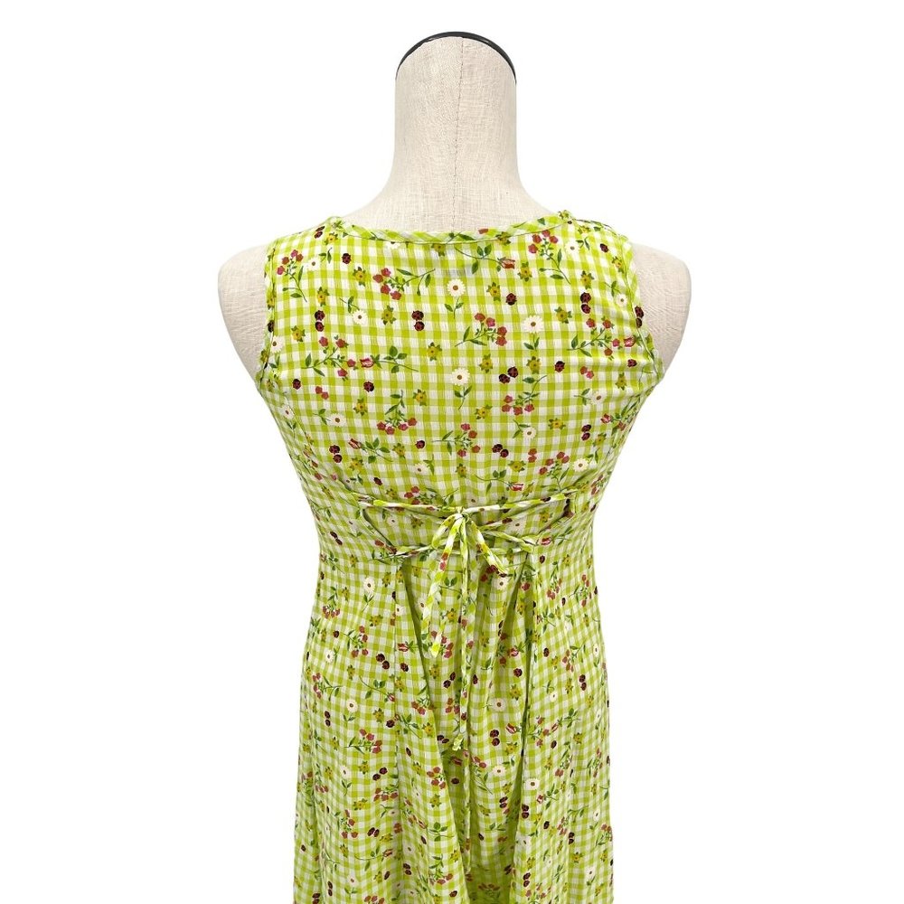 Corset Back Vintage 90's Green Ladybug Picnic A-Line Dress with Criss Cross - Picture 7 of 8